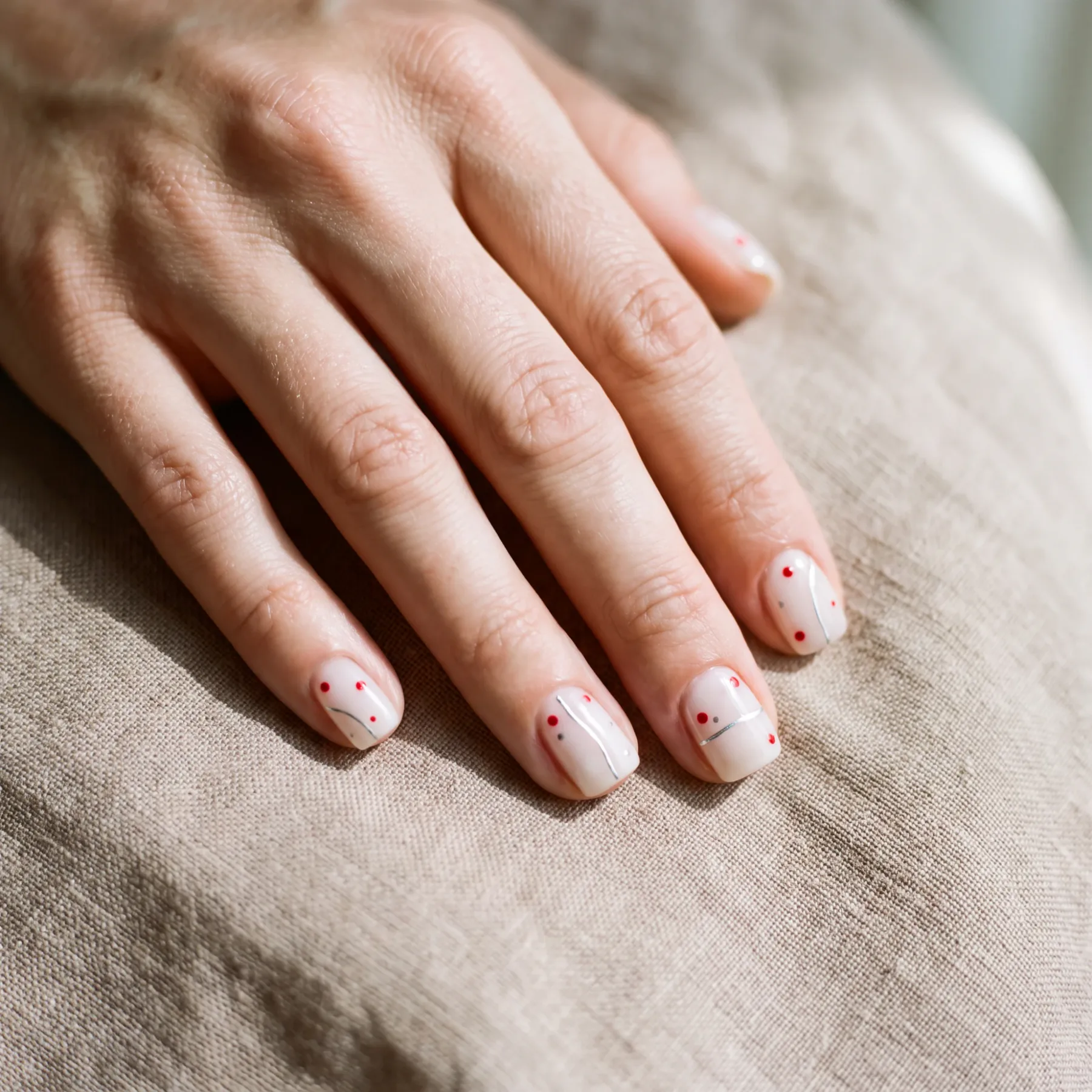 Minimal nail art with red dots and chrome lines on a milky base