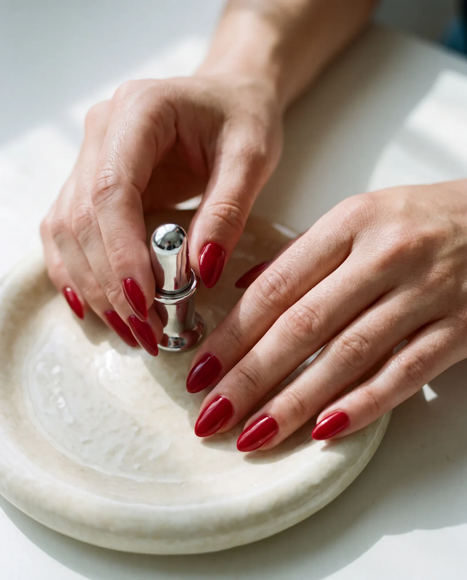 Glossy cherry red almond nails resting on a cream ceramic dish