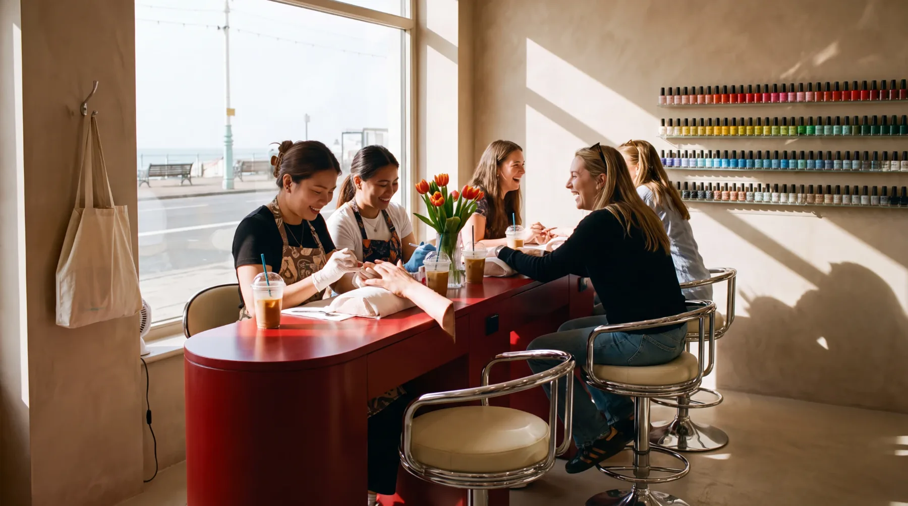 Nail technicians and laughing clients at the red counter by the seafront window