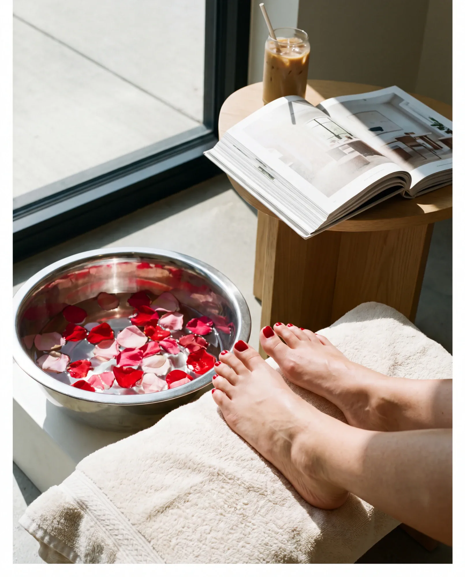 Cherry red pedicure beside a chrome bowl of rose petals